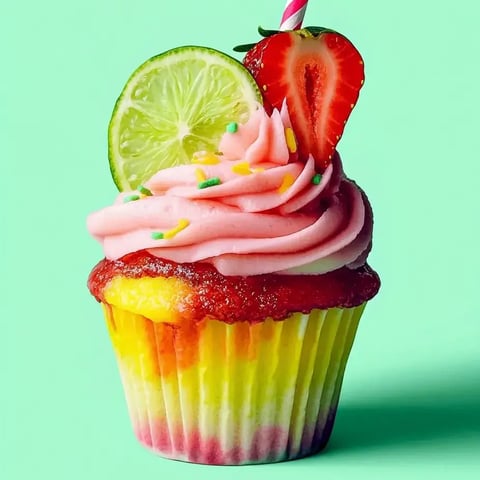 A cupcake with a lime wedge and a strawberry on top.