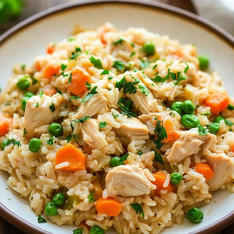 Bowl of cheesy rice with peas and chicken.