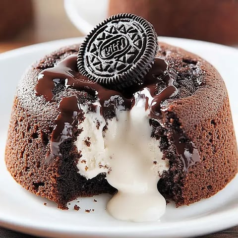 A chocolate cake with a cookie on top.