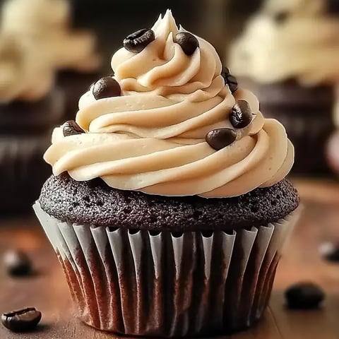 A cupcake with a chocolate frosting and chocolate chips.
