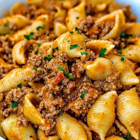 A bowl of pasta with meat sauce.