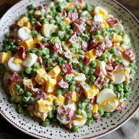 Plate of peas, eggs, and ham ready to eat.
