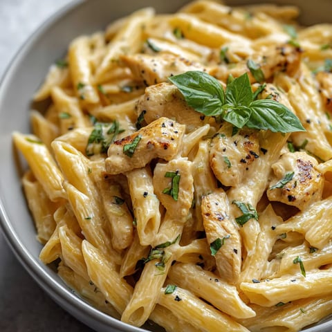 A bowl of pasta with chicken and herbs.
