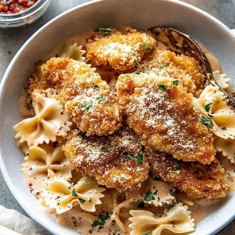 A bowl of pasta with chicken and cheese.