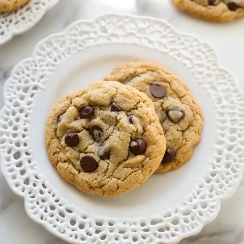 Two chocolate chip cookies on a white plate.