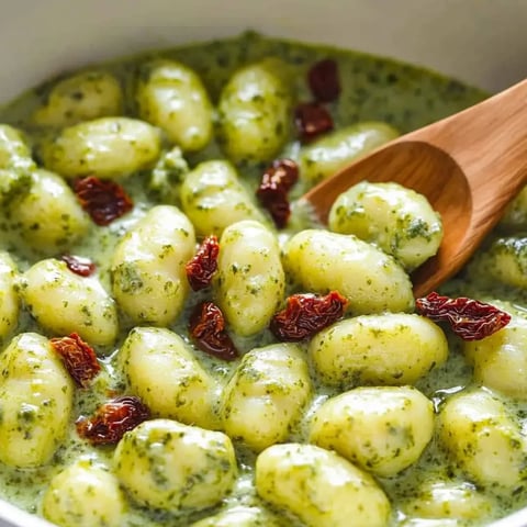 A bowl of pasta with red peppers and green sauce.