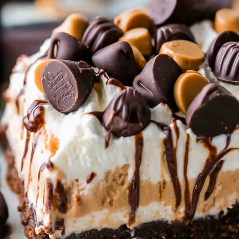 A slice of cake with chocolate and peanut butter toppings.