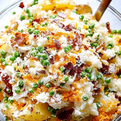 A bowl filled with potatoes, bacon, and green peas.
