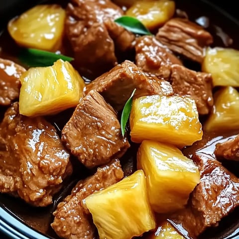 Bowl filled with pineapple and beef.
