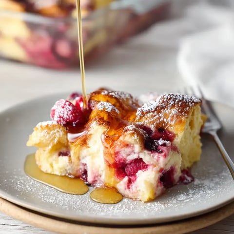 A slice of cake with raspberries and syrup.