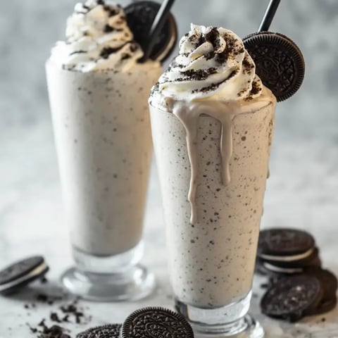 Two glasses of milkshakes with Oreo cookies on the side.