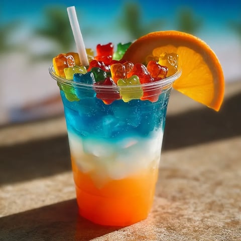 Fruity orange slice bobbing in a bright drink cup.