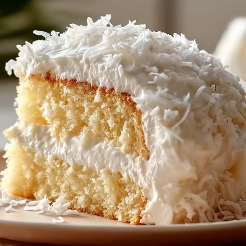 A delicious slice of cake with white frosting and coconut on top.