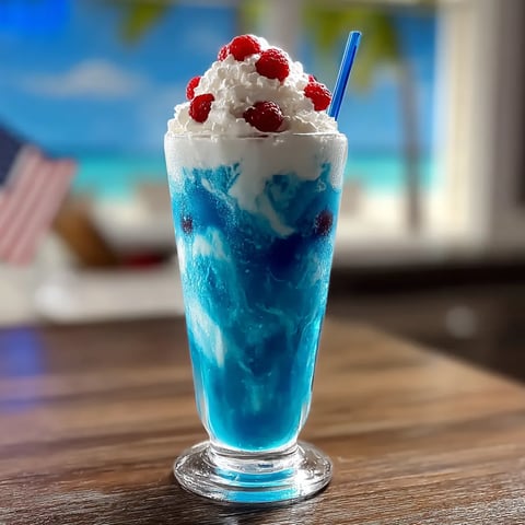 A drink in bright blue and white, finished with a straw.