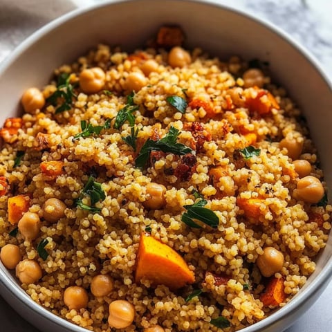 Fluffy couscous loaded with chickpeas and veggies in a bowl.