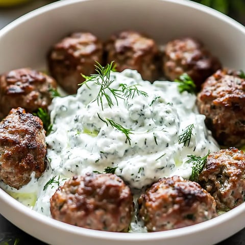 Meatballs in a bowl with a scoop of creamy topping.