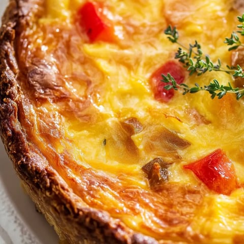 A close up of a quiche with tomatoes and herbs.