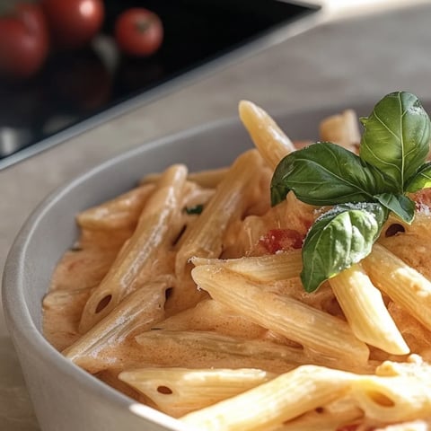 A bowl of pasta with tomatoes and basil.