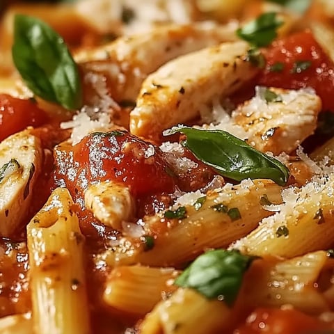 A plate of pasta with chicken and tomatoes.