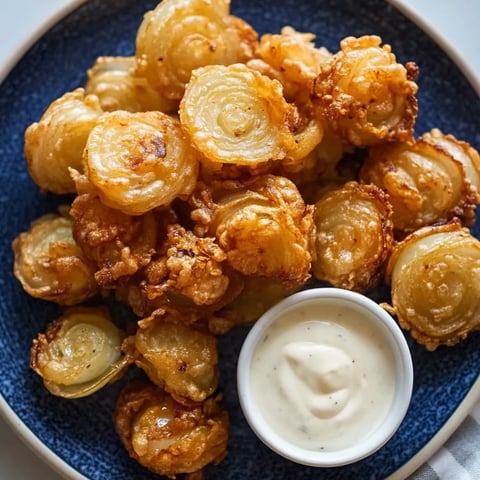 A plate of fried onions with a dipping sauce.