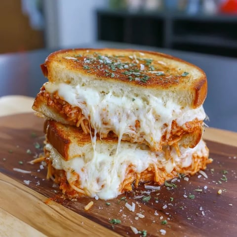 A sandwich with meat and cheese on a cutting board.