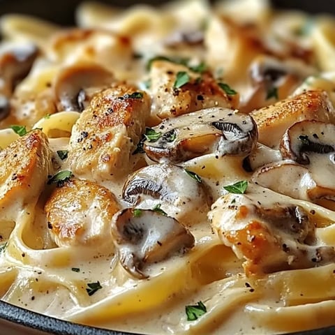 A bowl of pasta with mushrooms and chicken.