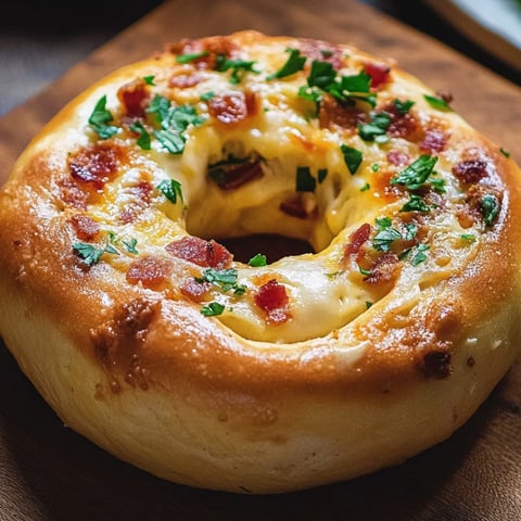A pizza with cheese and bacon on a wooden table.