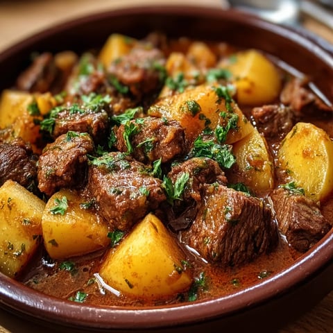 A bowl filled with beef and potatoes.