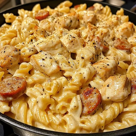 A pan of pasta with chicken and sausage.