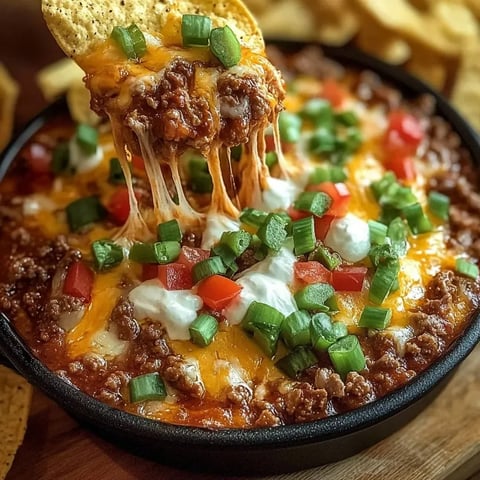 Warm cheesy dip topped with beef and served with chips.