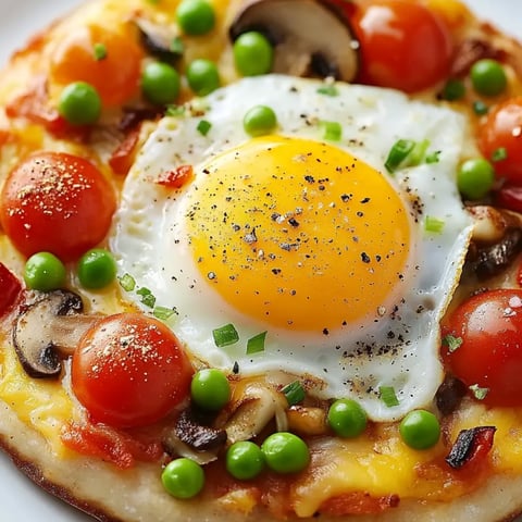 A breakfast pizza crowned with a runny fried egg.