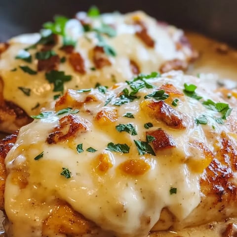 Chicken covered with melted cheese and fresh herbs.