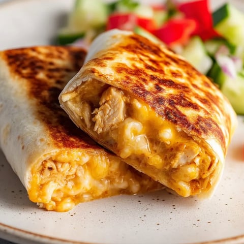 A fresh wrap with crisp salad on the side sits on a plate.