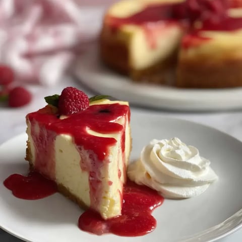 A slice of cheesecake with fluffy whipped cream on top.