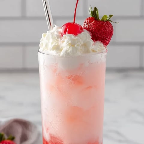 Glass filled with a pink fizzy drink topped with a cherry.