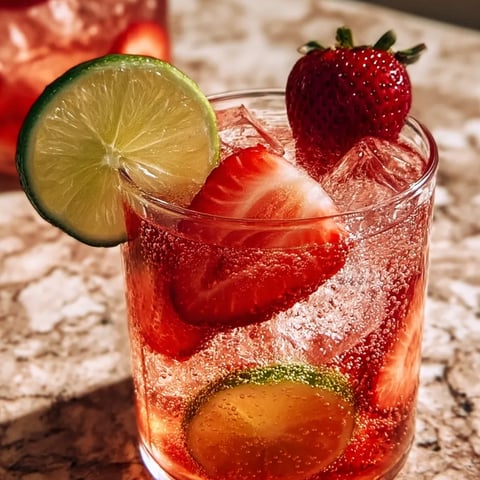 A red, bubbly drink in a glass topped with strawberries and wedges of lime.