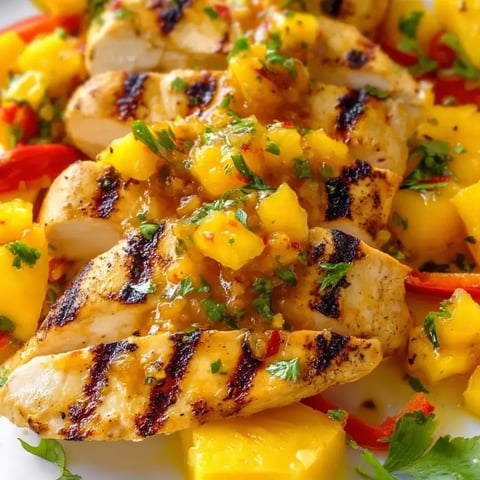 Grilled chicken on a plate with pineapple rings and peppers.