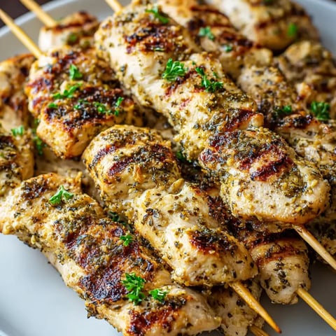 Chicken skewers loaded with herbs on a plate.