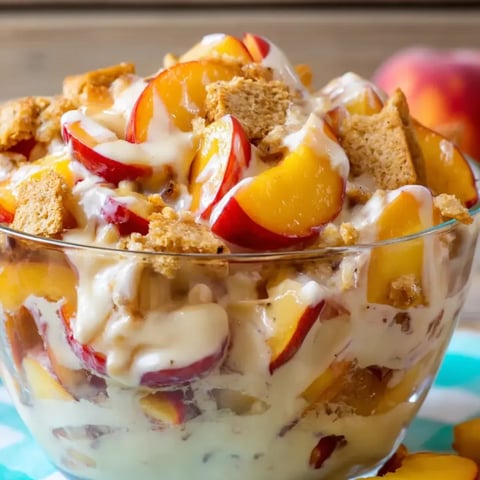 A bowl packed with peaches and creamy goodness.