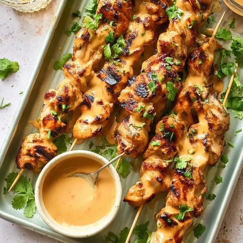 Tray of chicken skewers next to a bowl of sauce.