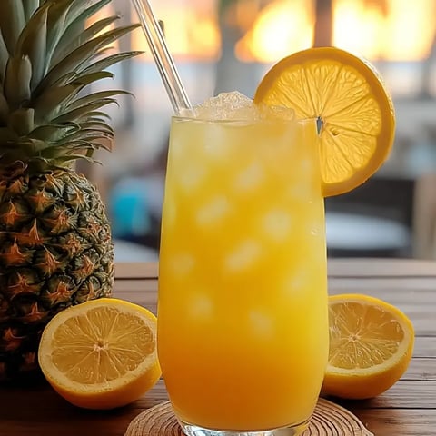 Fresh orange drink topped with lemon slices on a coaster.