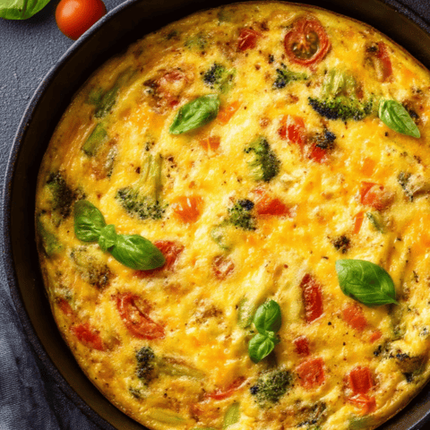 Close view of a veggie-loaded omelet with tomatoes and broccoli.