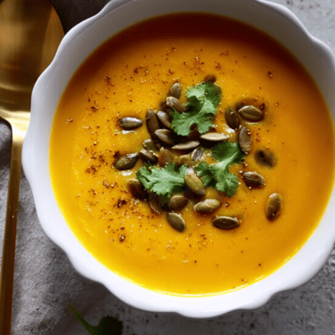 A bowl of soup with a spoon hanging out.