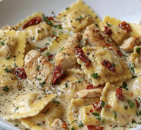 A plate piled with pasta, chicken, sun-dried tomatoes, and red peppers.