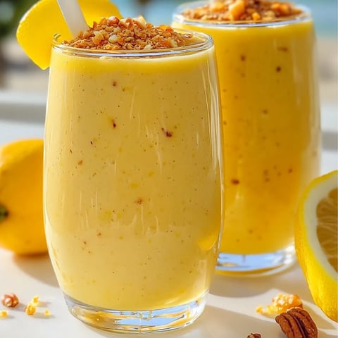 Couple of glasses with tangy lemon mango drink and lemon slices on the side.