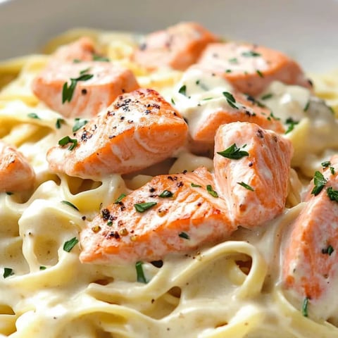Pasta coated in creamy sauce with salmon and fresh herbs on a plate.
