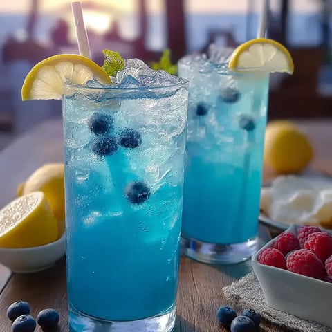 Two blue drinks topped with lemon slices and blueberries.