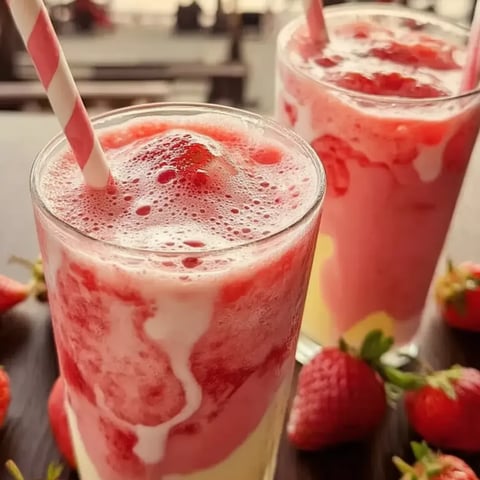 Two glasses filled with pink strawberry coconut drink.
