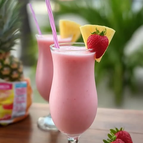 Two pink drinks with fresh strawberries on top.