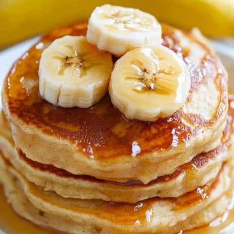 Tower of pancakes loaded with banana slices.